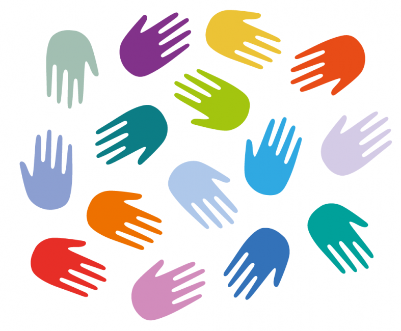 Viele bunte Hände, die Vielfalt symbolisieren.